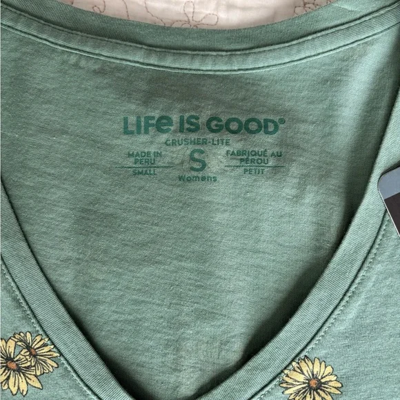 Sunflower V-Neck Crusher Tee by Life Is Good—Green - Picture 3 of 6
